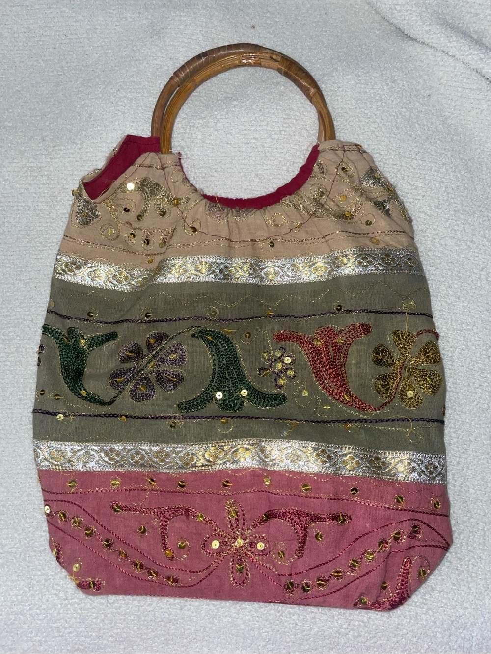 Embroidered Multi-Color Bamboo Handle Tote Bag